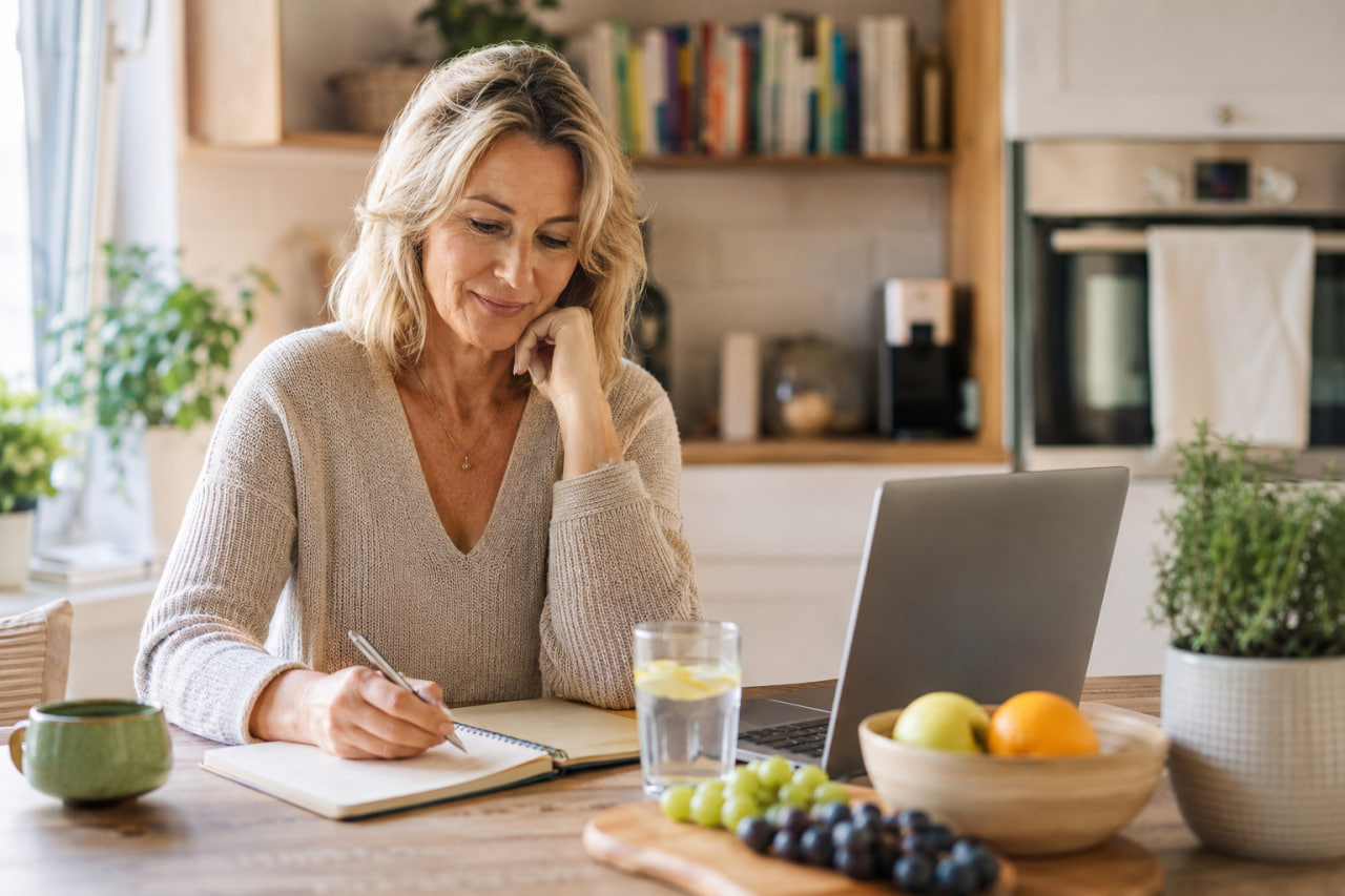 Woman after 40 reviewing her nutrition habits and wellness routine at home