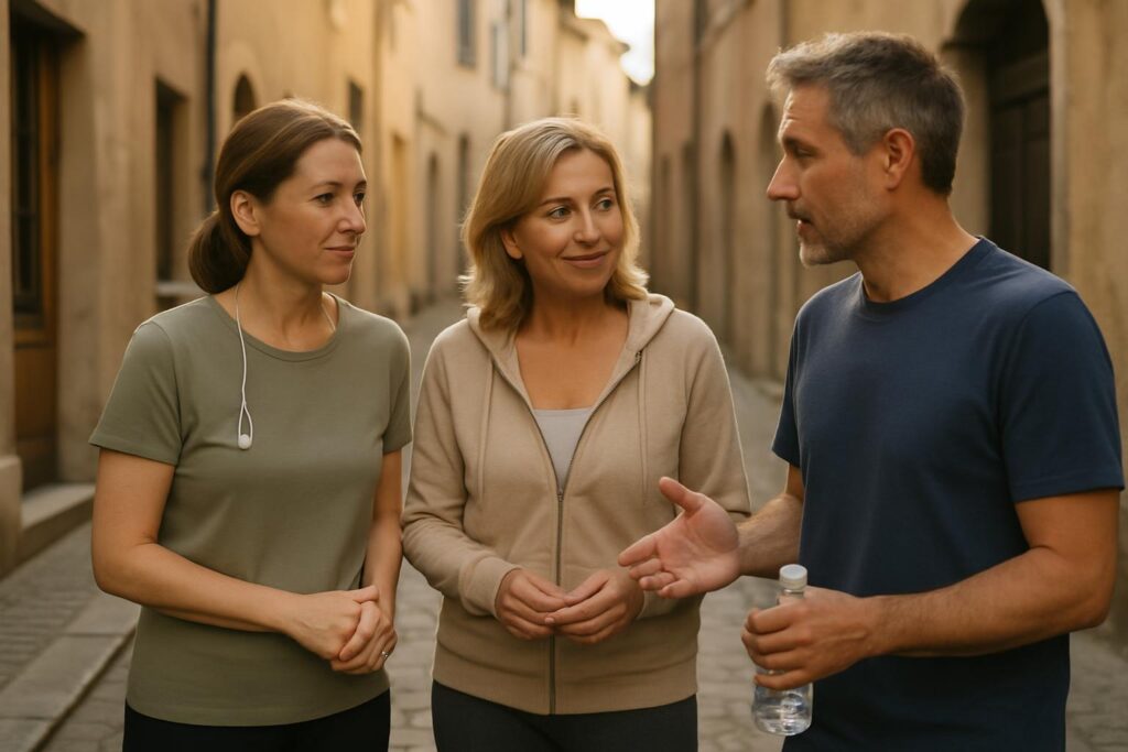 Small group 45 65 in a quiet european street setting, reflecting better2be method support and a realistic daily routine.