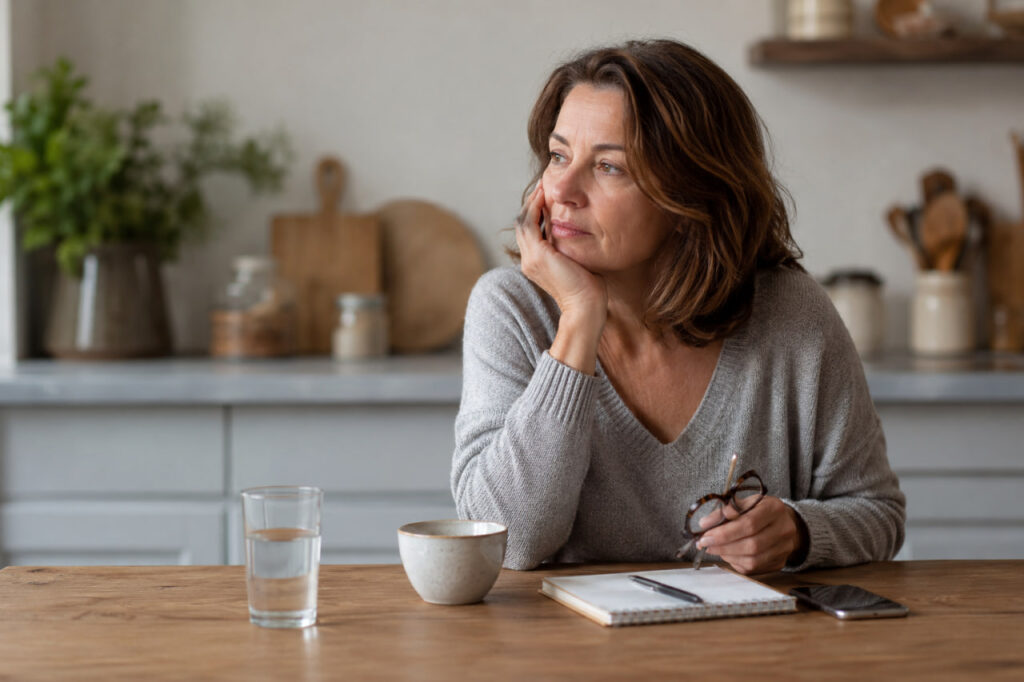 Adult in their 40s or 50s sitting thoughtfully at a home table with water and tea, reflecting on why old daily routines no longer work as well.
