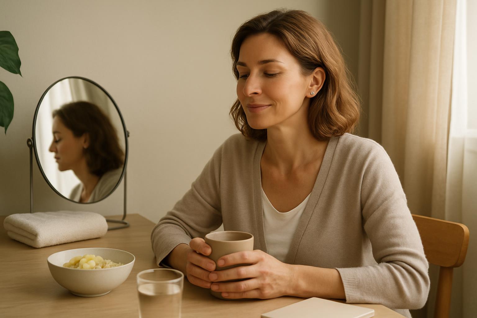Woman 45 55 in a self care corner setting, reflecting body confidence support and a realistic daily routine.