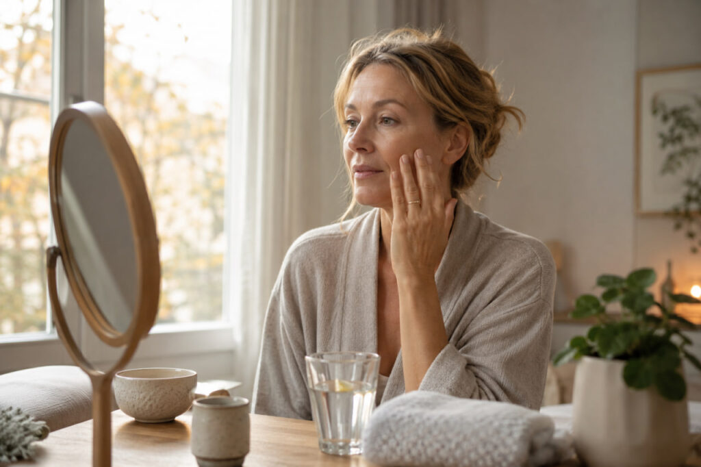 Woman 45 55 in a self care corner setting, reflecting skin glow support and a realistic daily routine.