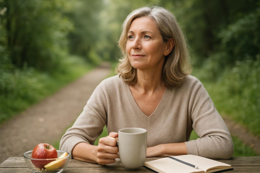 Woman 55 65 in a nature path setting, reflecting body confidence support and a realistic daily routine.
